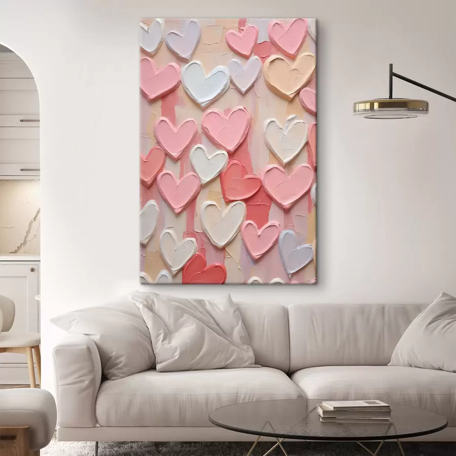 wall murals Heart shapes in various shades of peach and pink in a textured, painted style s48751