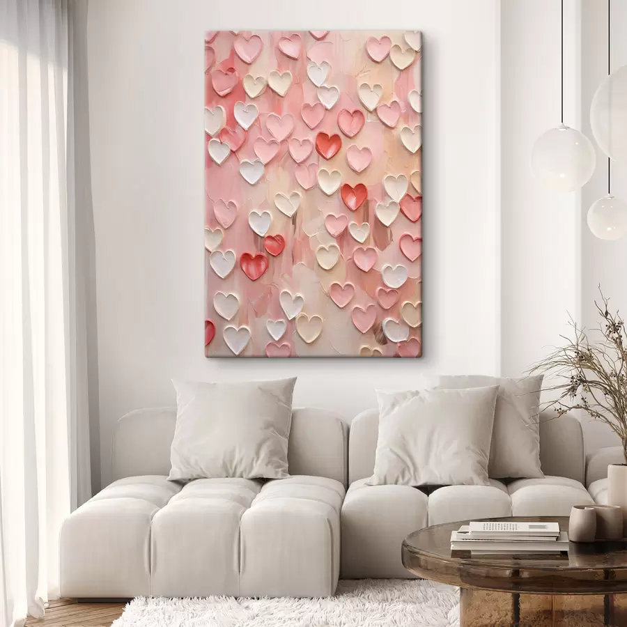 wall murals Heart shapes in various shades of peach and pink in a textured, painted style s48752
