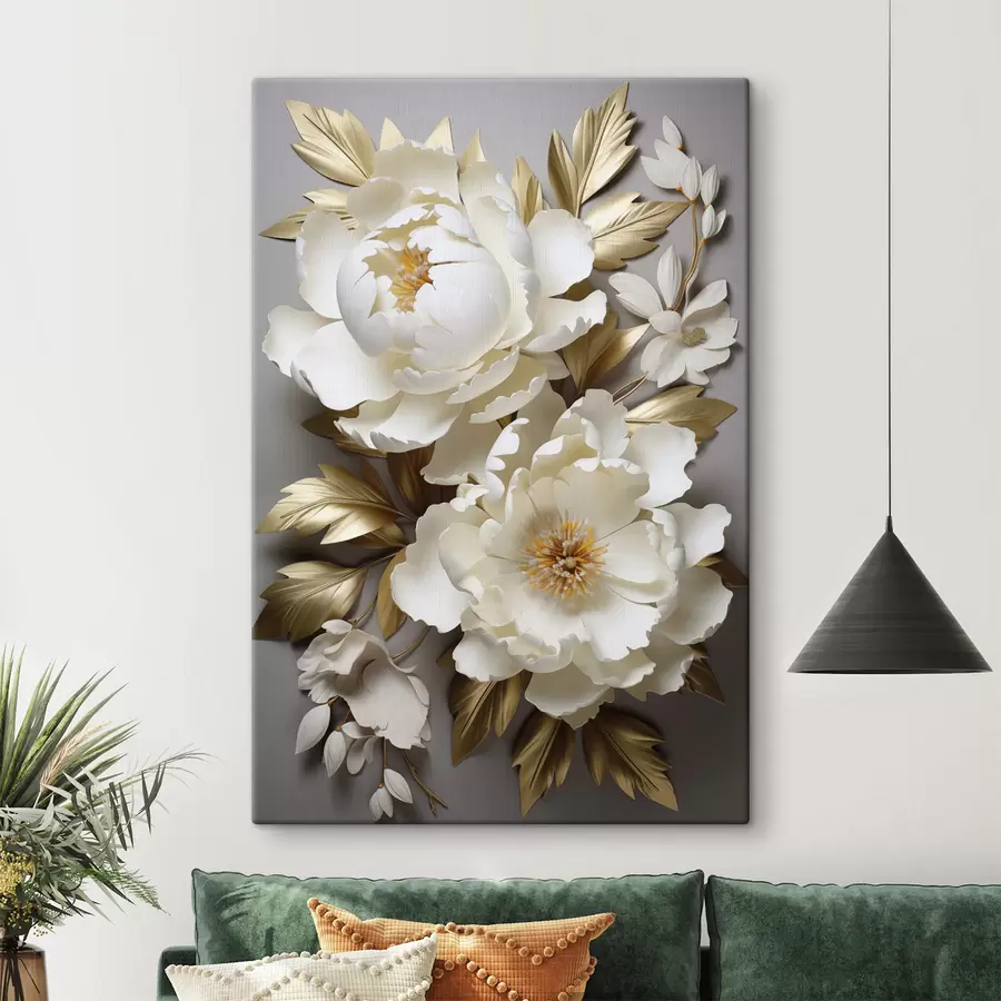 wall murals Large white peonies with yellow leaves on a gray background s48753