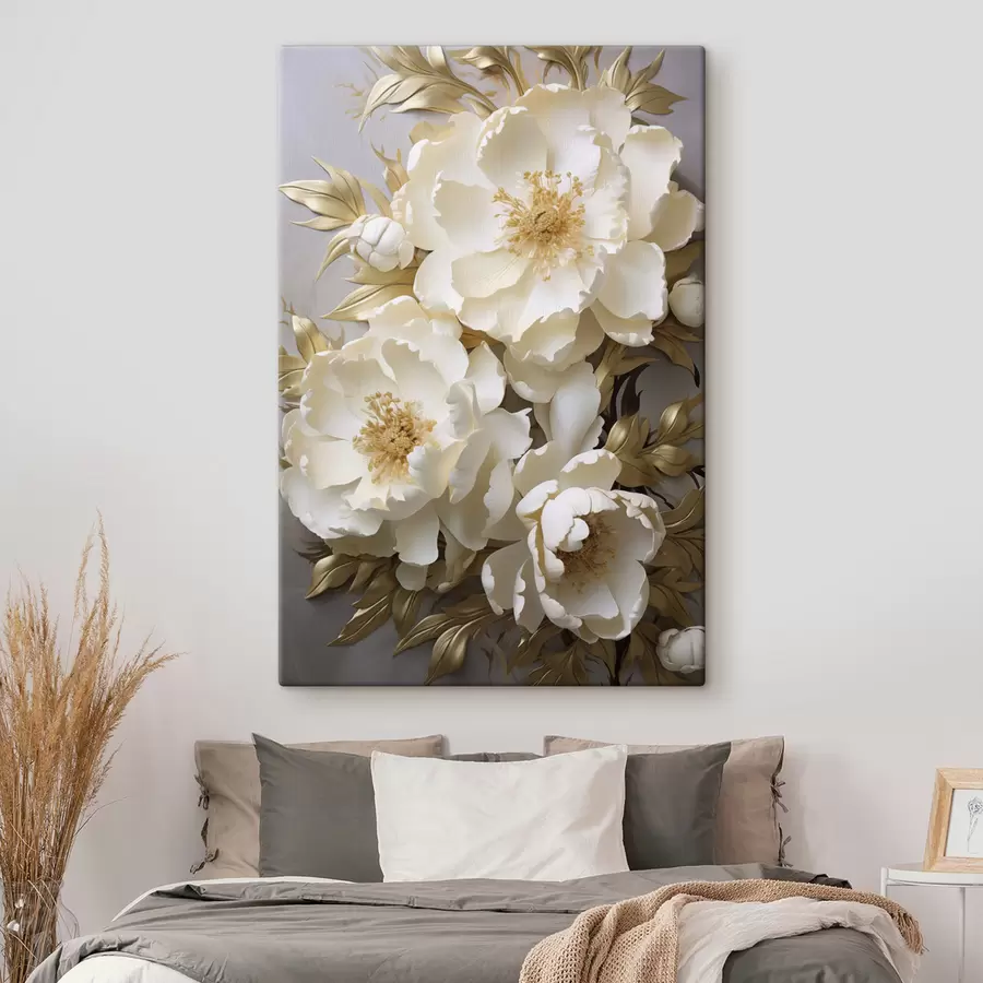 wall murals Large white peonies with yellow leaves on a gray background s48754