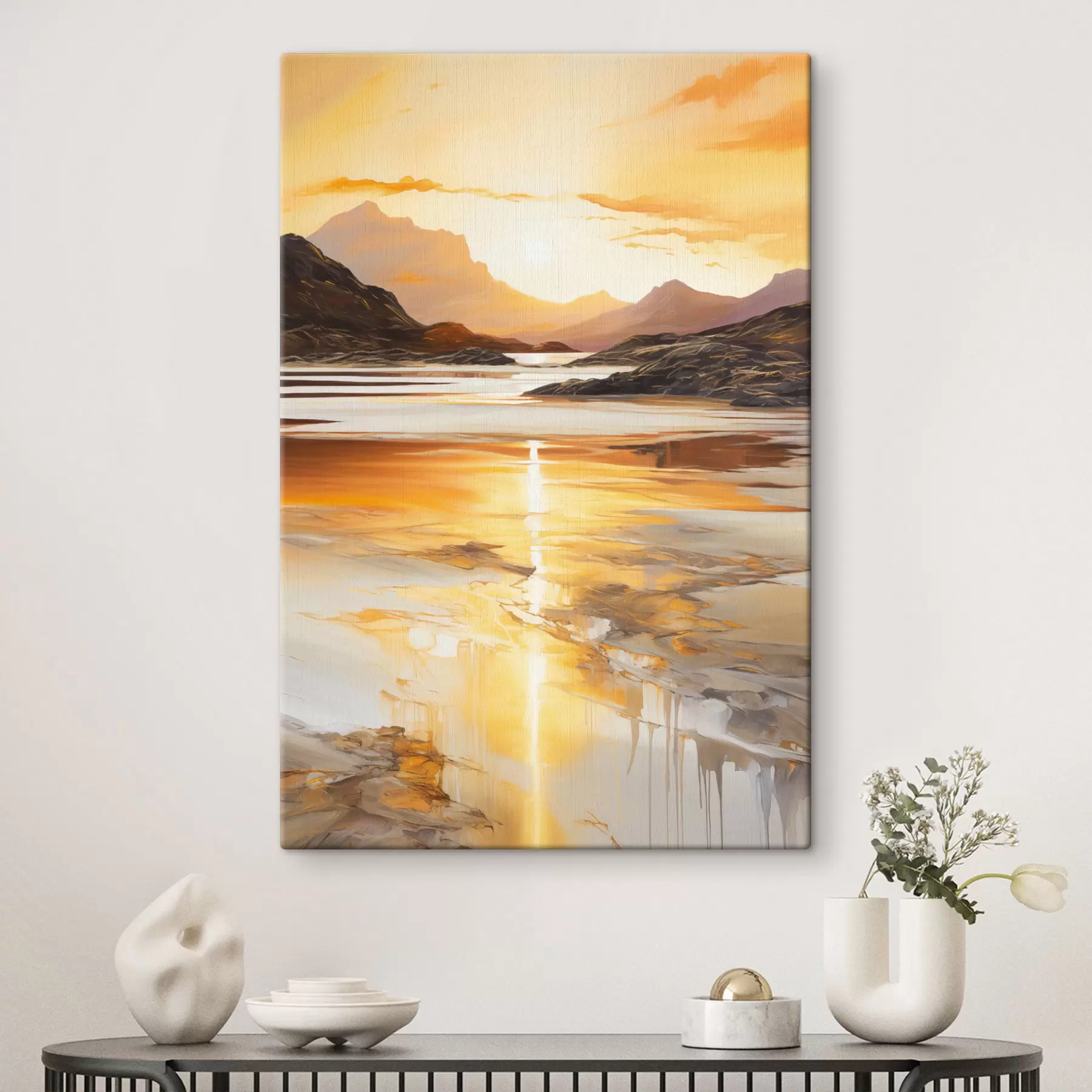 wall murals A landscape with a river and mountains under a warm orange sky, sunset s48755