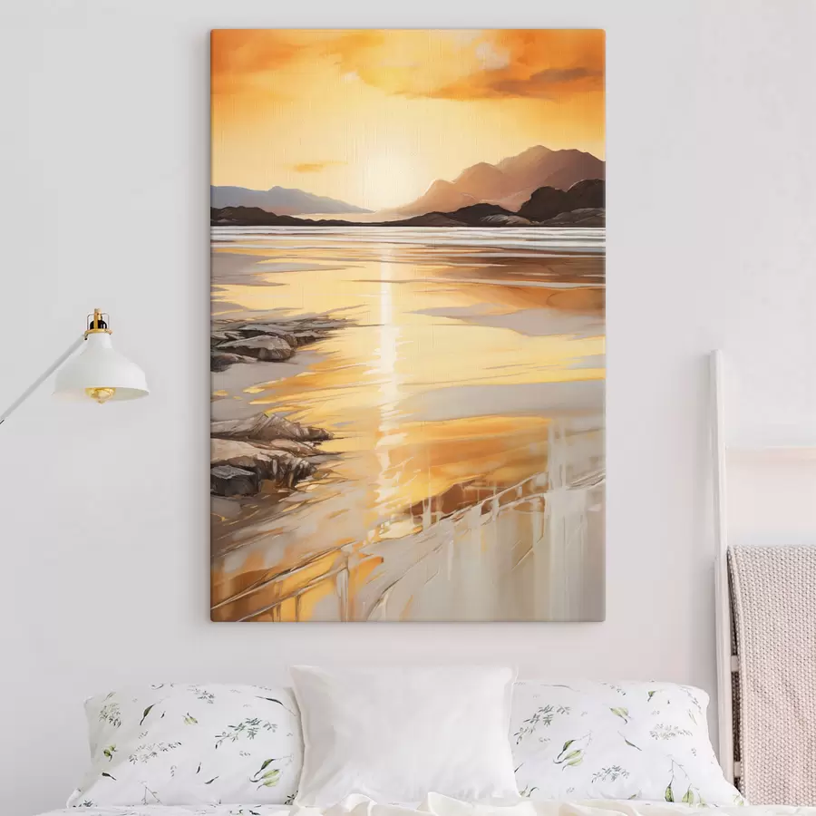 wall murals A landscape with a river and mountains under a warm orange sky, sunset s48756