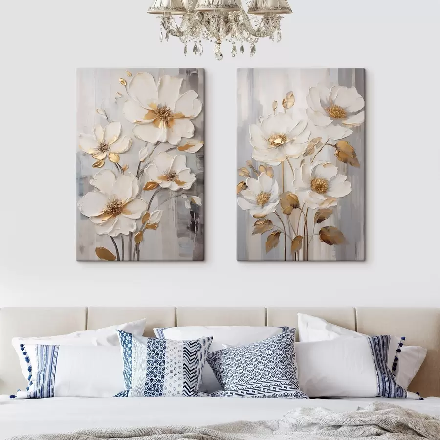 wall murals White flowers with yellow accents on a textured background m30311