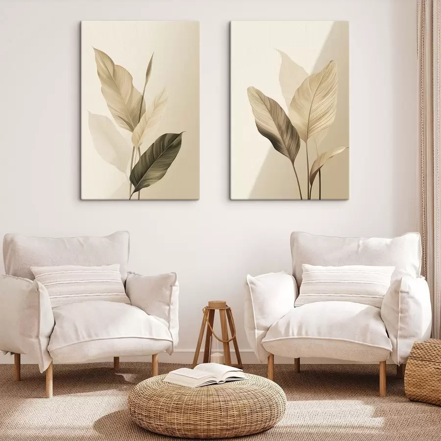 wall murals Large tropical leaves in shades of beige and brown, light background m30313