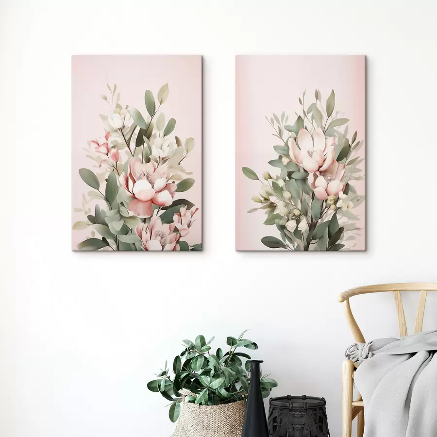 wall murals A bouquet of pastel flowers with eucaliptus leaves, pale pink background m30314