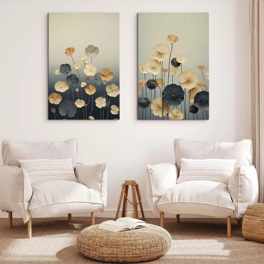 wall murals Water lily leaves against a muted background of beige and dark blue m30317