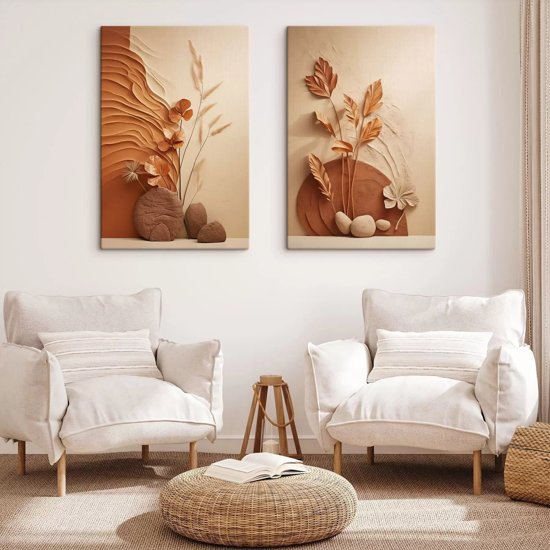 wall murals A minimalist art with dried flowers and pampas grass, textured background m30320