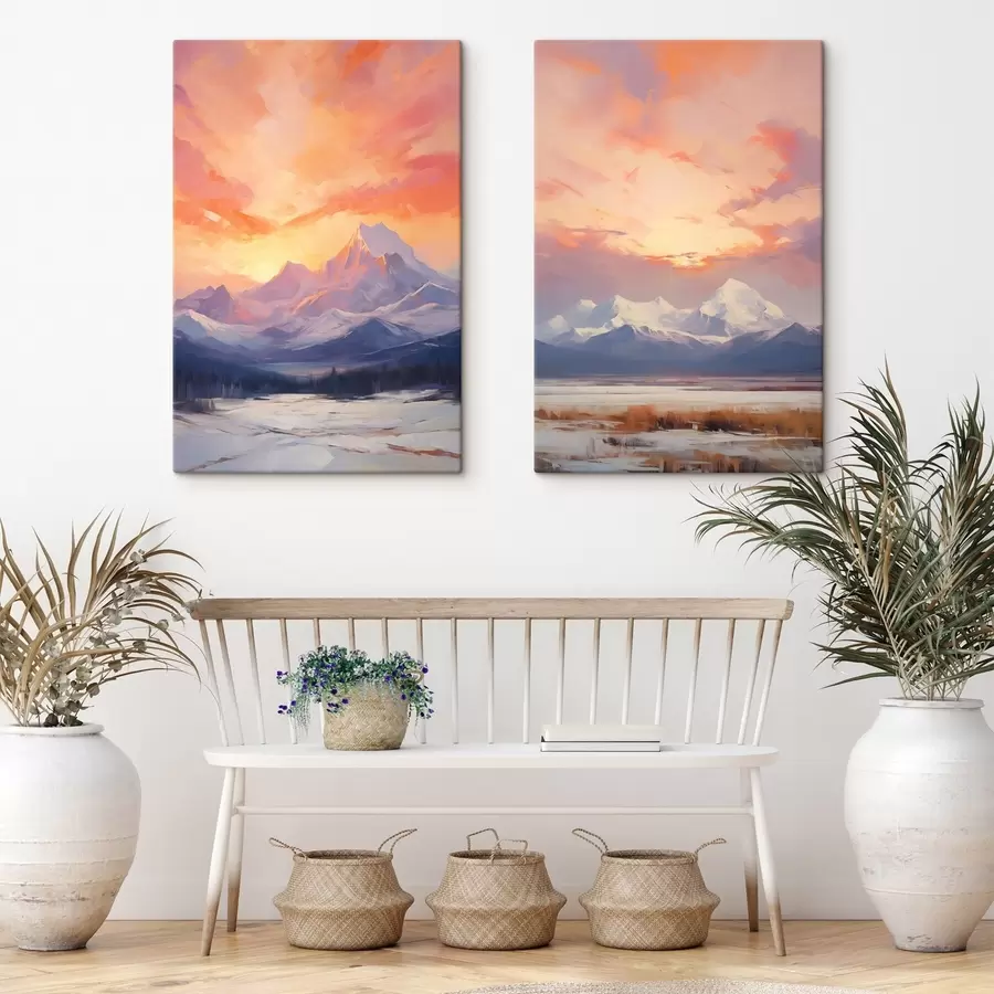 wall murals Snow-capped mountains under a vibrant orange and pink sky with clouds m30321