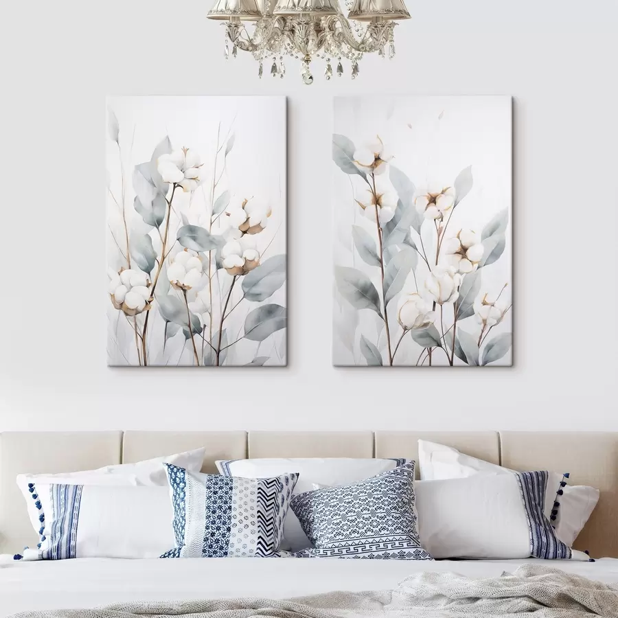 wall murals White cotton plant with pale blue-green leaves against a light background m30322