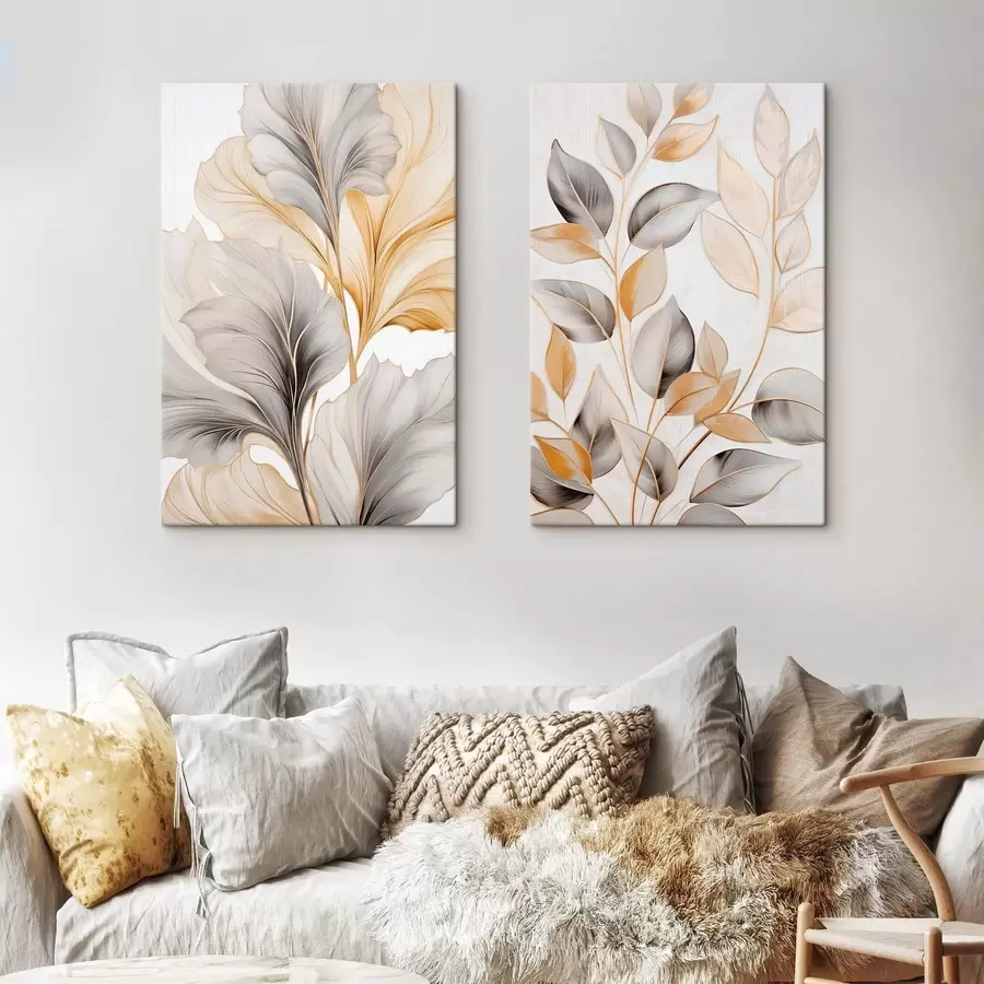 wall murals Large, translucent leaves in shades of grey and yellow m30323