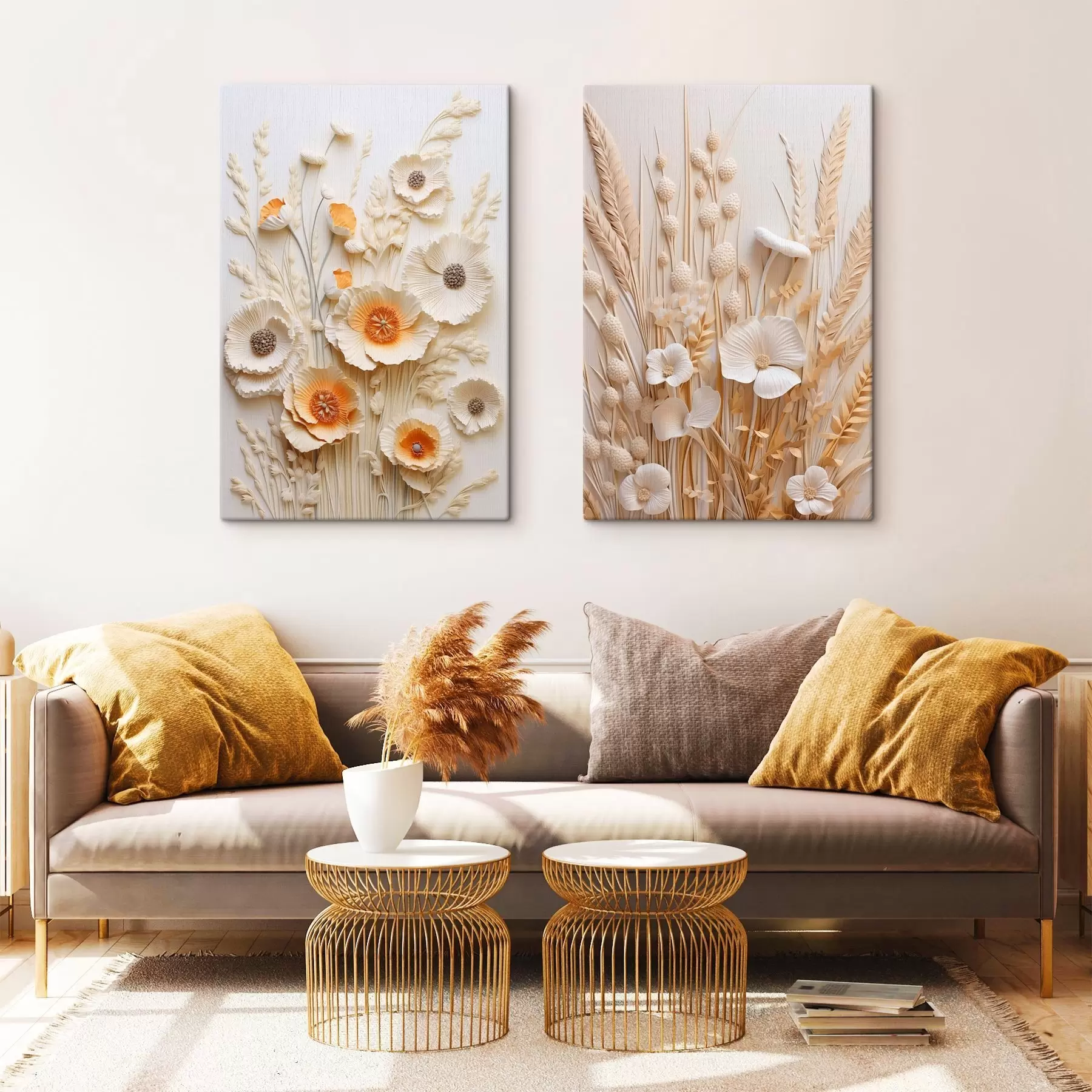 murales Un ramo de amapolas de color crema y naranja con tallos de trigo secos m30324