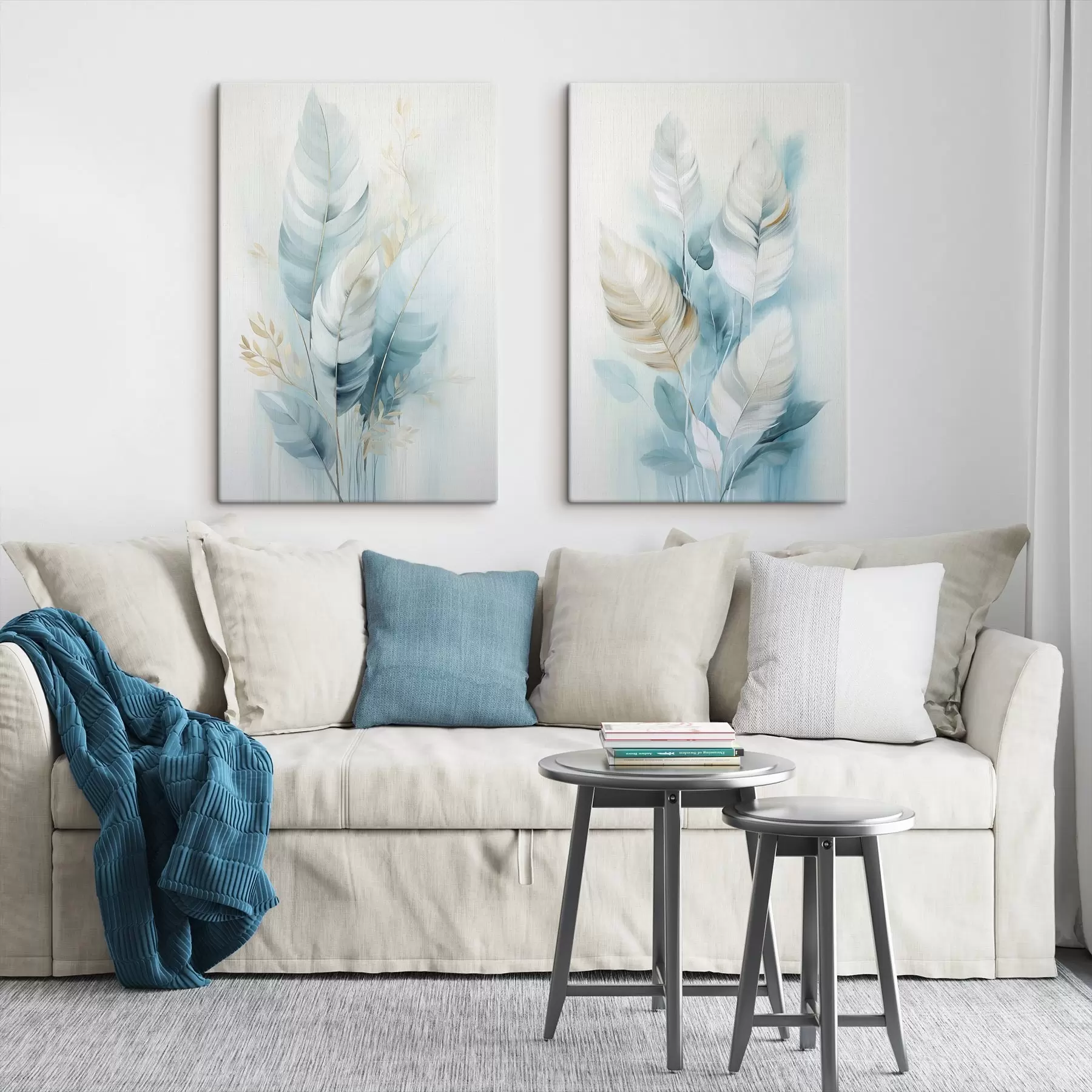 murales Plumas grandes y suaves en tonos azules y blancos con delicadas hojas de color beige m30325
