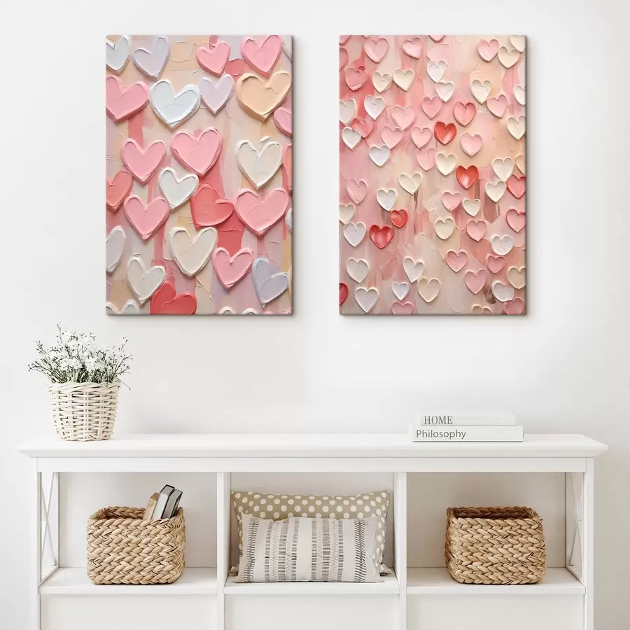 wall murals Heart shapes in various shades of peach and pink in a textured, painted style m30326
