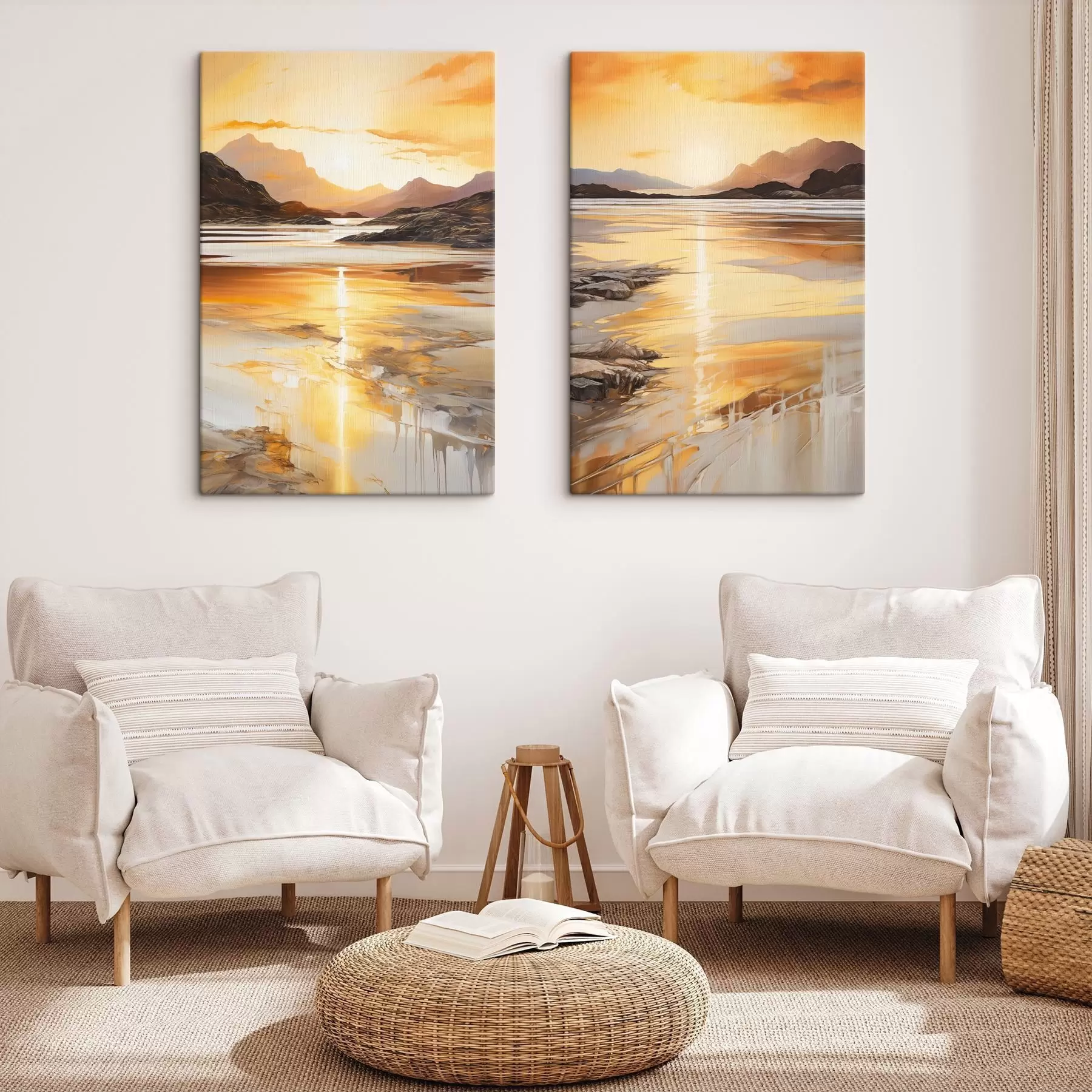 wall murals A landscape with a river and mountains under a warm orange sky, sunset m30328