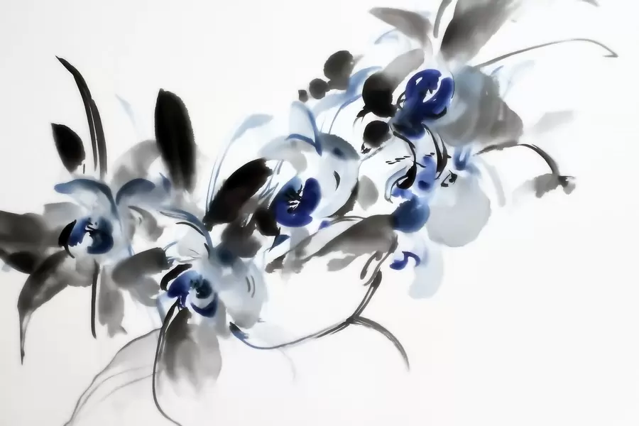 Wall Mural Photo Wallpaper legant abstract flowers in an oriental watercolor style with blue and black accents, orchids w09797