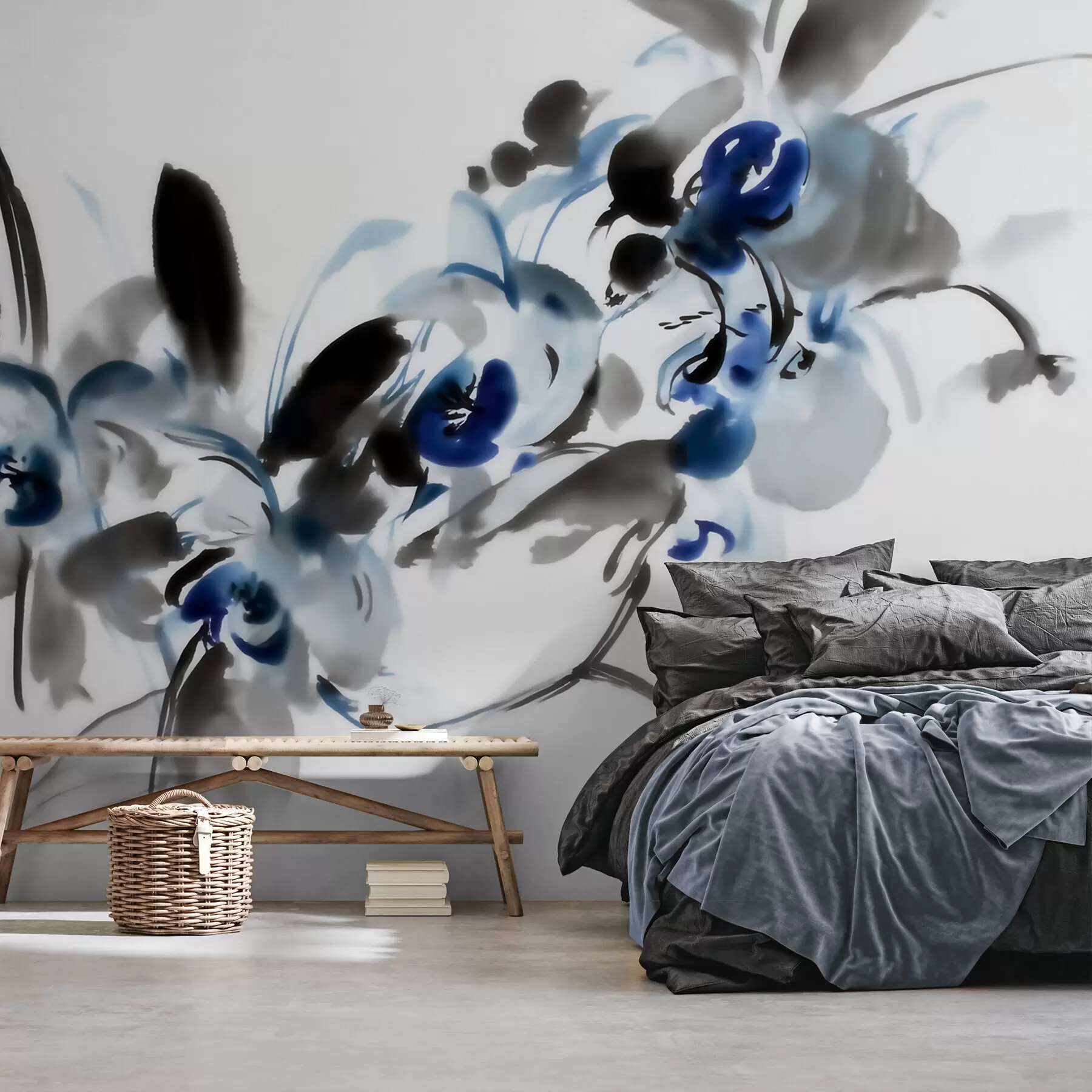 Wall Mural Photo Wallpaper legant abstract flowers in an oriental watercolor style with blue and black accents, orchids w09797