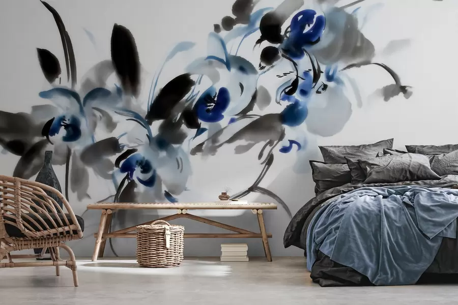peintures murales De superbes fleurs abstraites dans un style aquarelle oriental, rehaussées de touches de bleu et de noir, avec des orchidées w09797