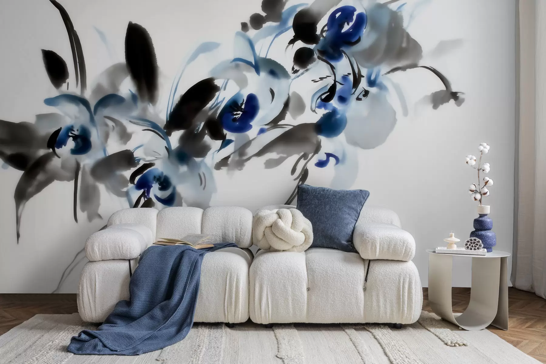 murais de parede flores abstratas elegantes num estilo de aguarela oriental com toques de azul e preto, orquídeas w09797