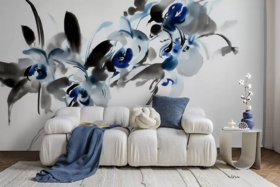 murales Elegantes flores abstractas en estilo acuarela oriental con toques de azul y negro, orquídeas w09797