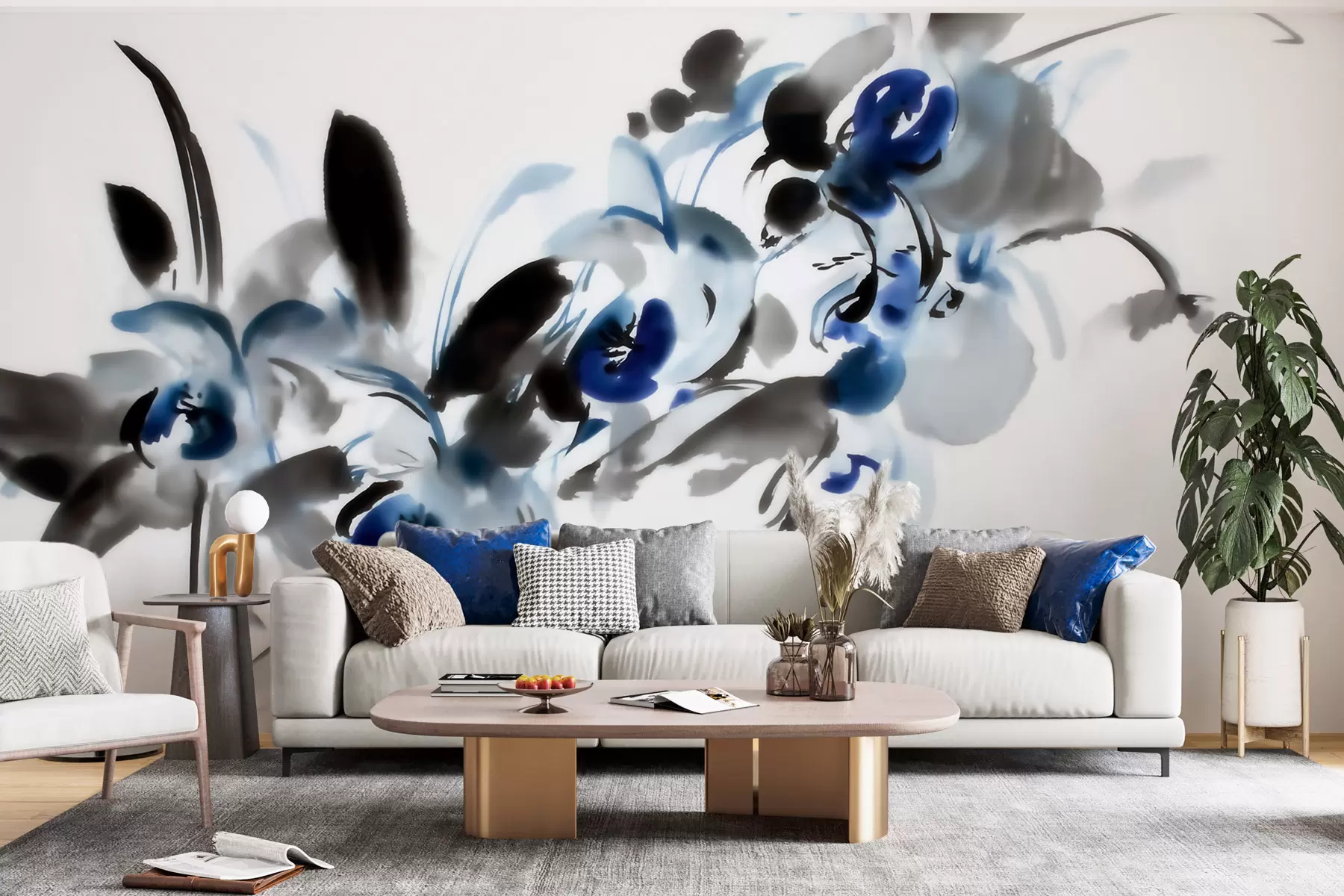 murais de parede flores abstratas elegantes num estilo de aguarela oriental com toques de azul e preto, orquídeas w09797