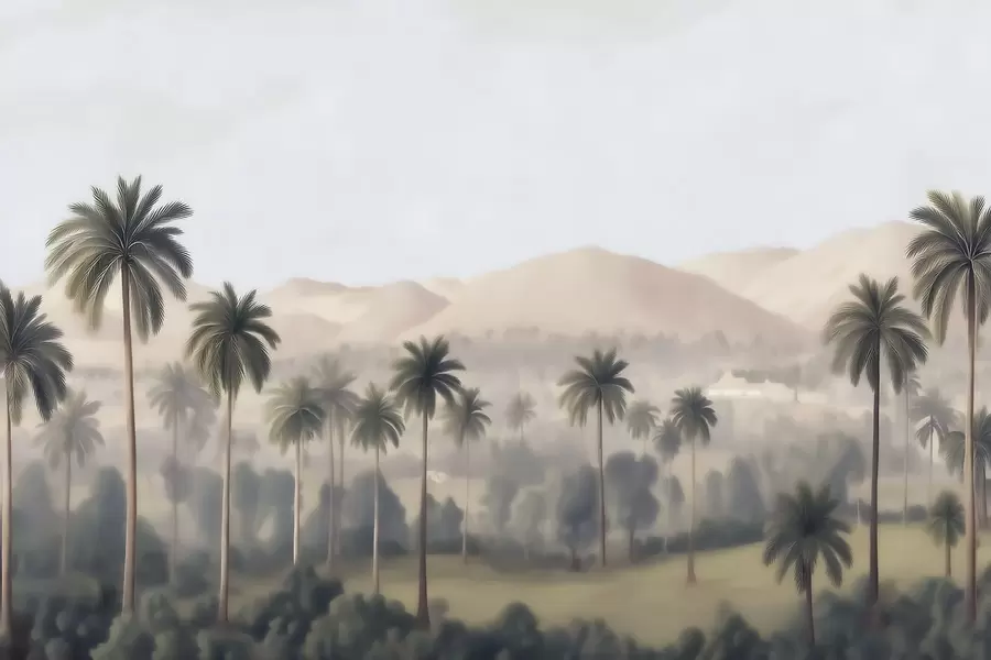 peintures murales Paysage tropical avec des palmiers et des montagnes, panorama vintage dans des tons beiges et verts w09798