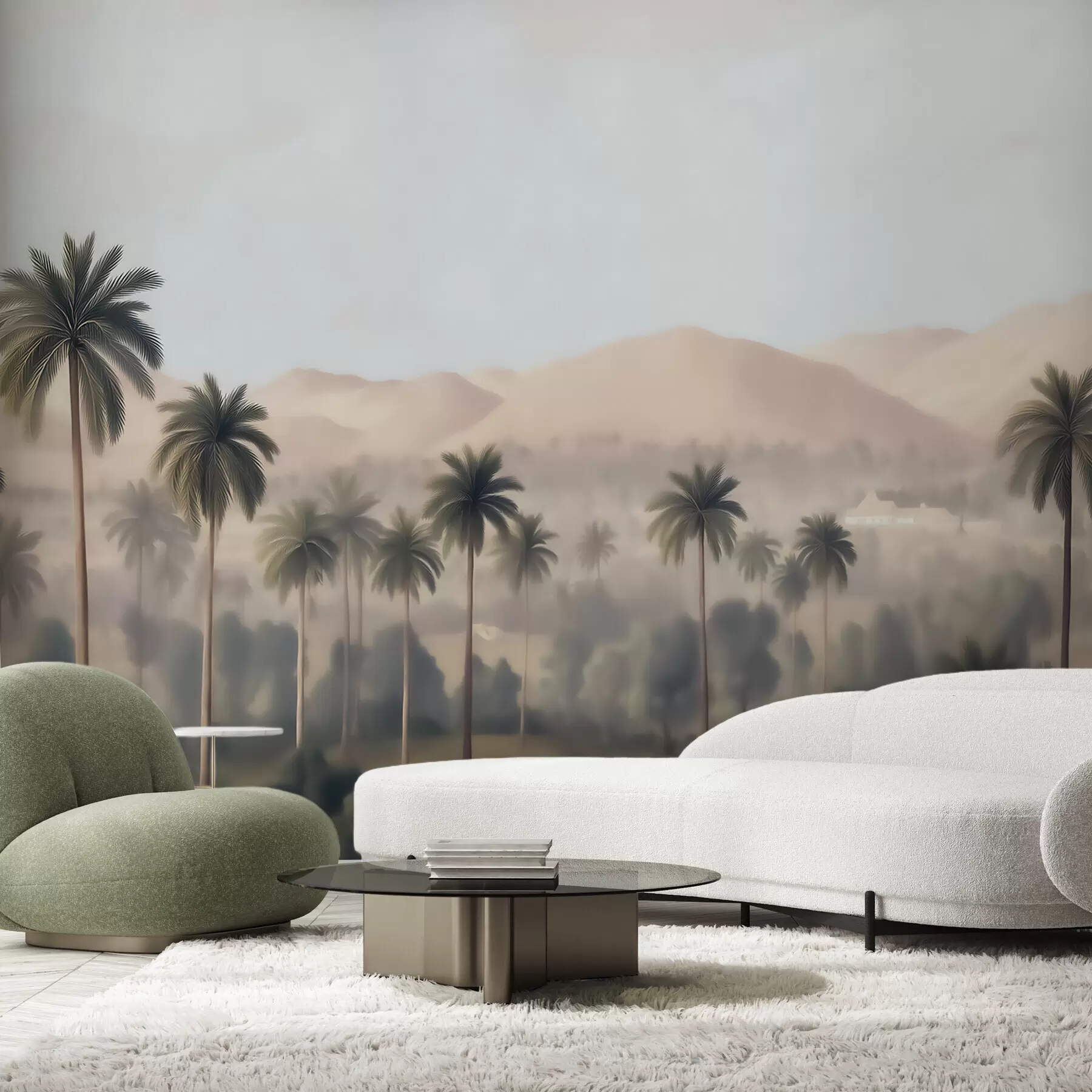 murais de parede Paisagem tropical com palmeiras e montanhas, panorama vintage em tons de bege e verde w09798