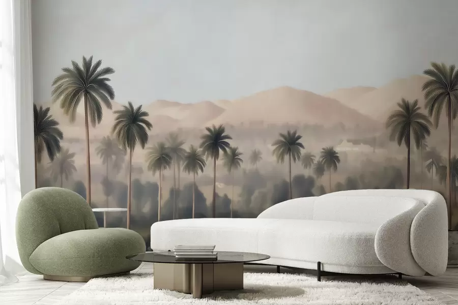 peintures murales Paysage tropical avec des palmiers et des montagnes, panorama vintage dans des tons beiges et verts w09798