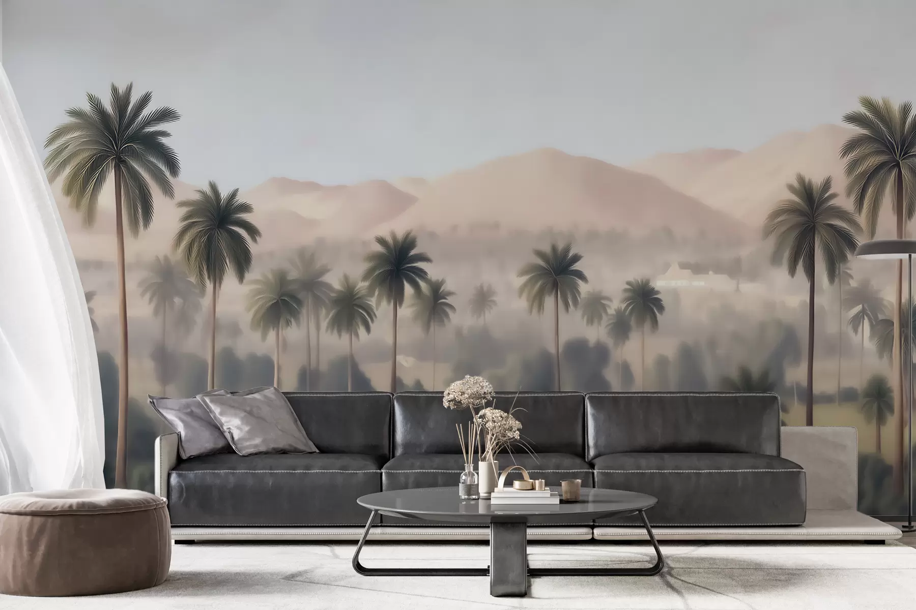Wall Mural Photo Wallpaper Tropical landscape with palm trees and mountains, vintage panorama in beige and green tones w09798