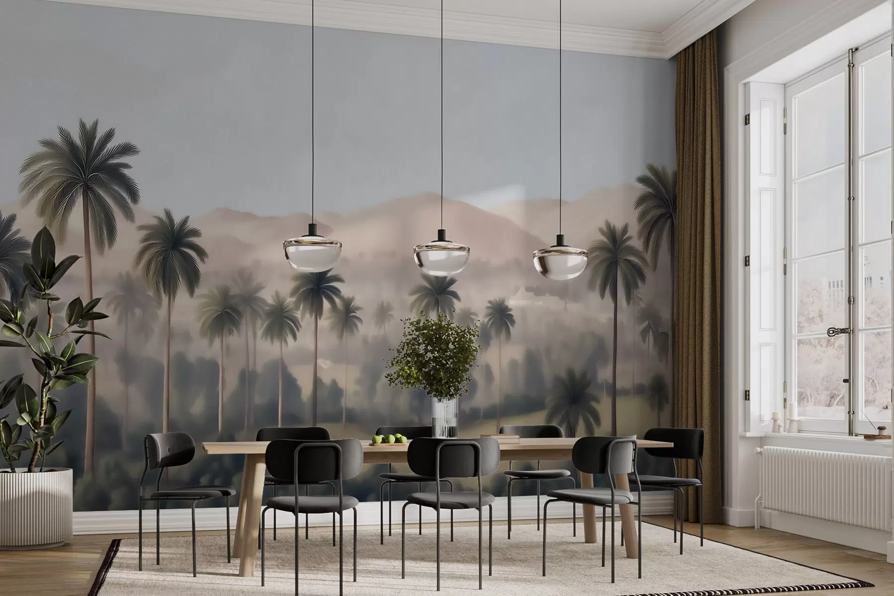 Wall Mural Photo Wallpaper Tropical landscape with palm trees and mountains, vintage panorama in beige and green tones w09798