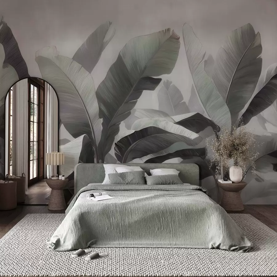 wall murals Abstract tropical large banana leaves in a neutral palette with soft gray-green tones w09805
