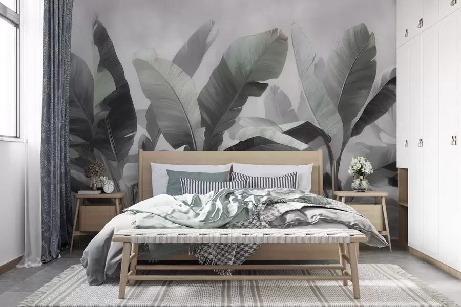 Wall Mural Photo Wallpaper Abstract tropical large banana leaves in a neutral palette with soft gray-green tones w09805