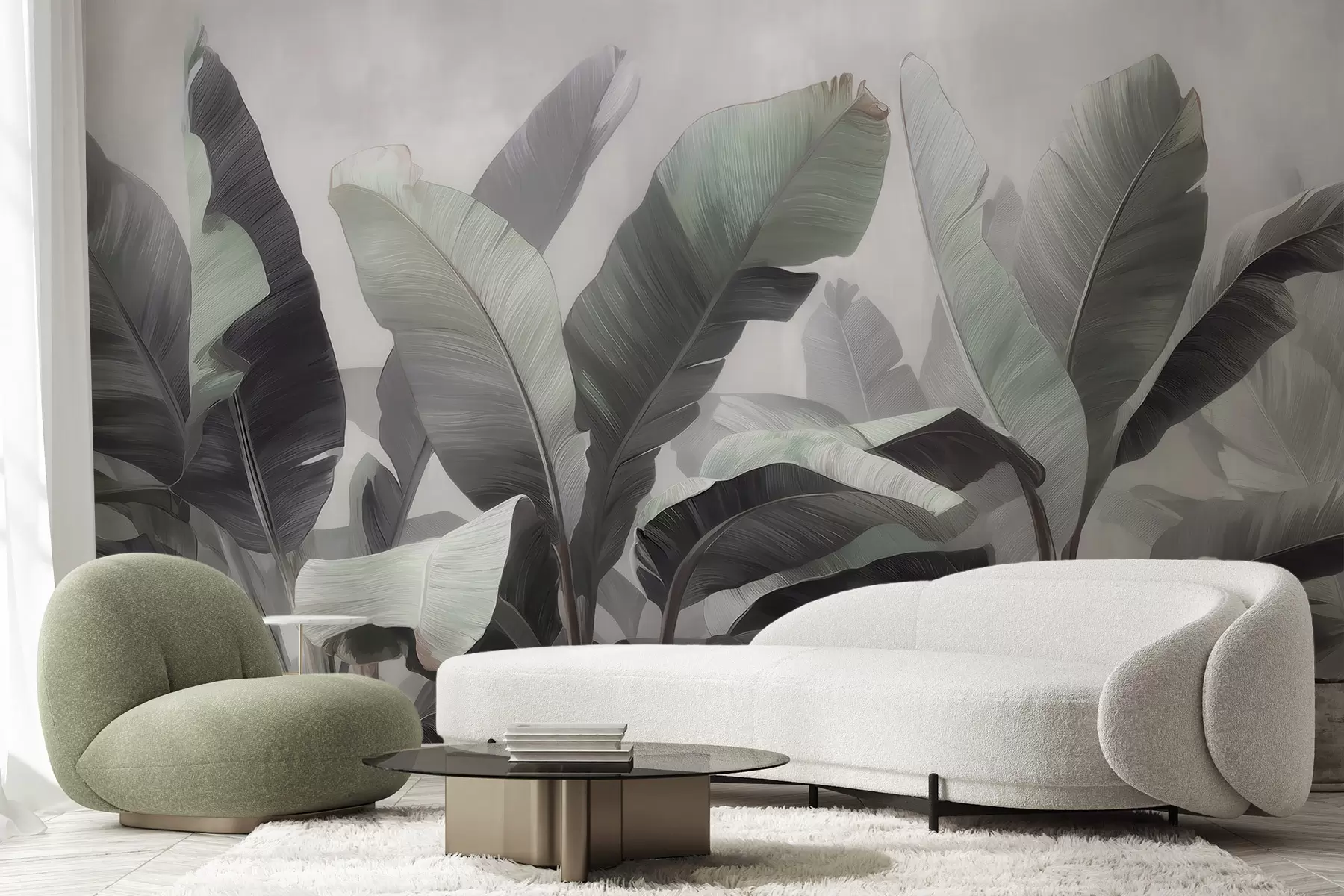 Wall Mural Photo Wallpaper Abstract tropical large banana leaves in a neutral palette with soft gray-green tones w09805