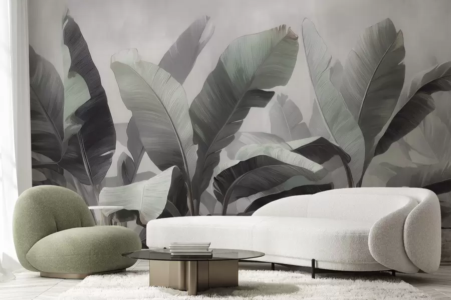 wall murals Abstract tropical large banana leaves in a neutral palette with soft gray-green tones w09805