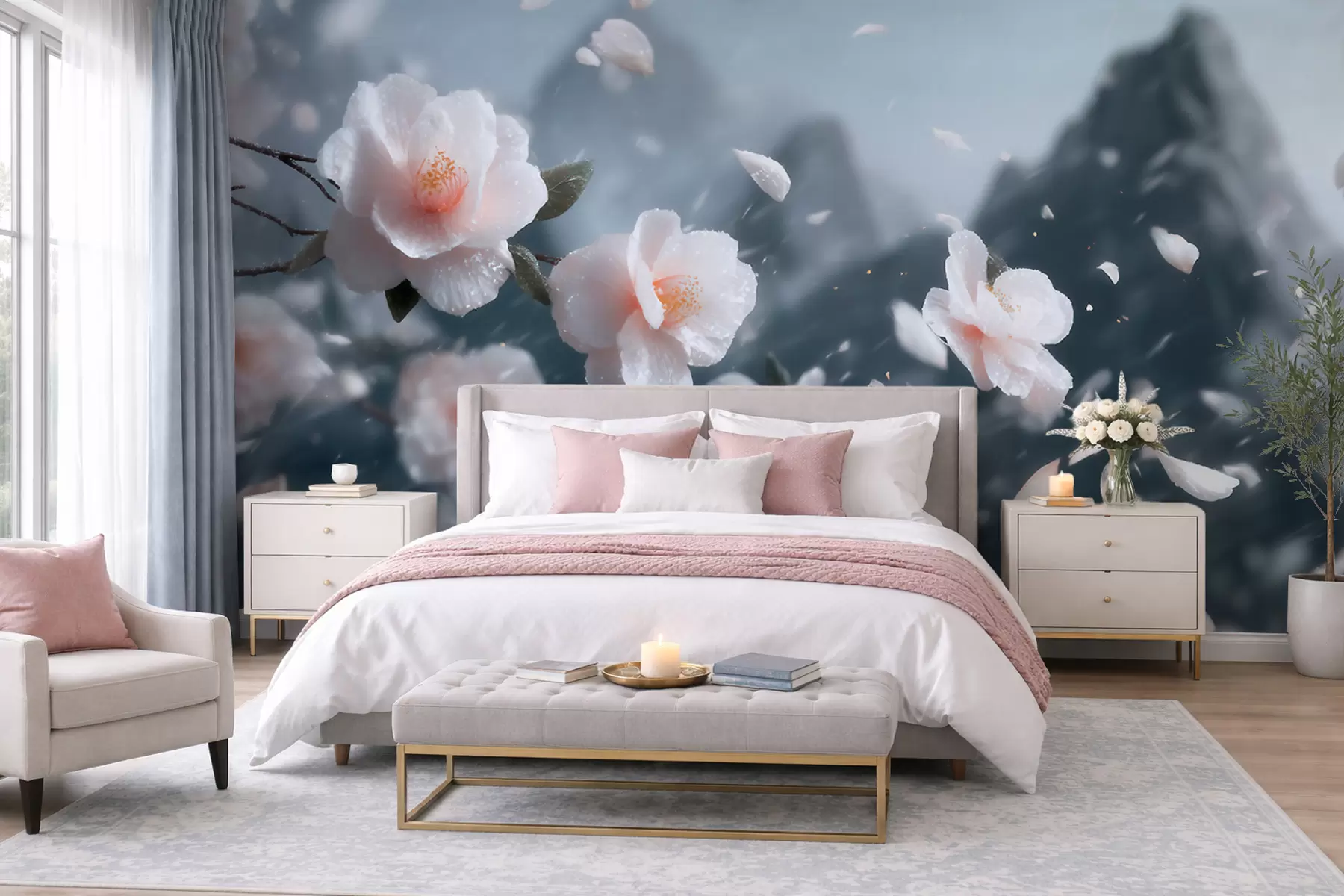 peintures murales De délicates fleurs de cerisier sur fond de montagnes, un paysage japonais évocateur aux tons pastel w09808