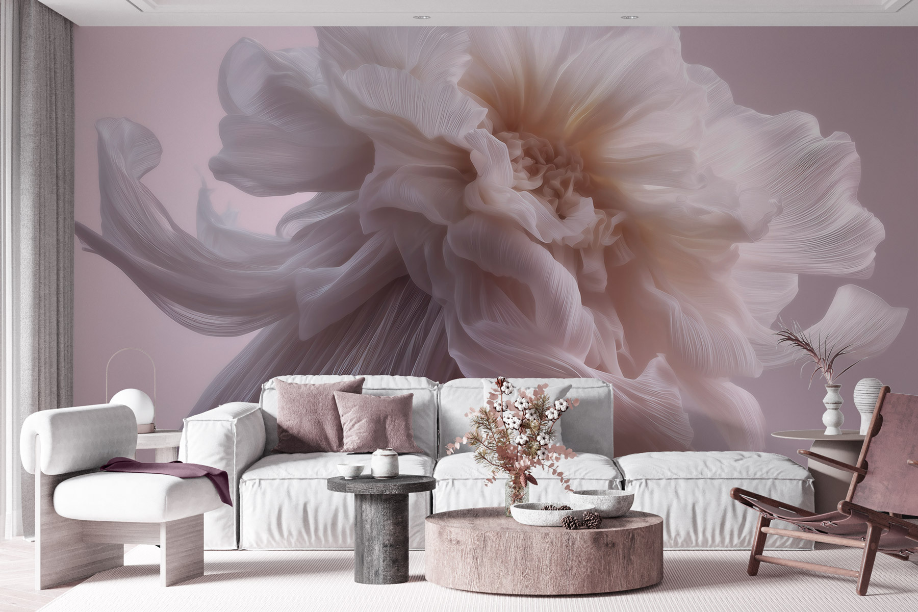 Wall Murals Flowers Volumetric silk flower in soft pink and beige