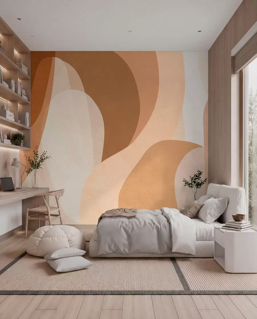 peintures murales des courbes abstraites dans des tons marron, beige et auburn w05387