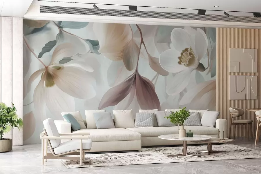Wall Mural Photo Wallpaper a delicate composition of flowers and leaves in pastel shades w05240