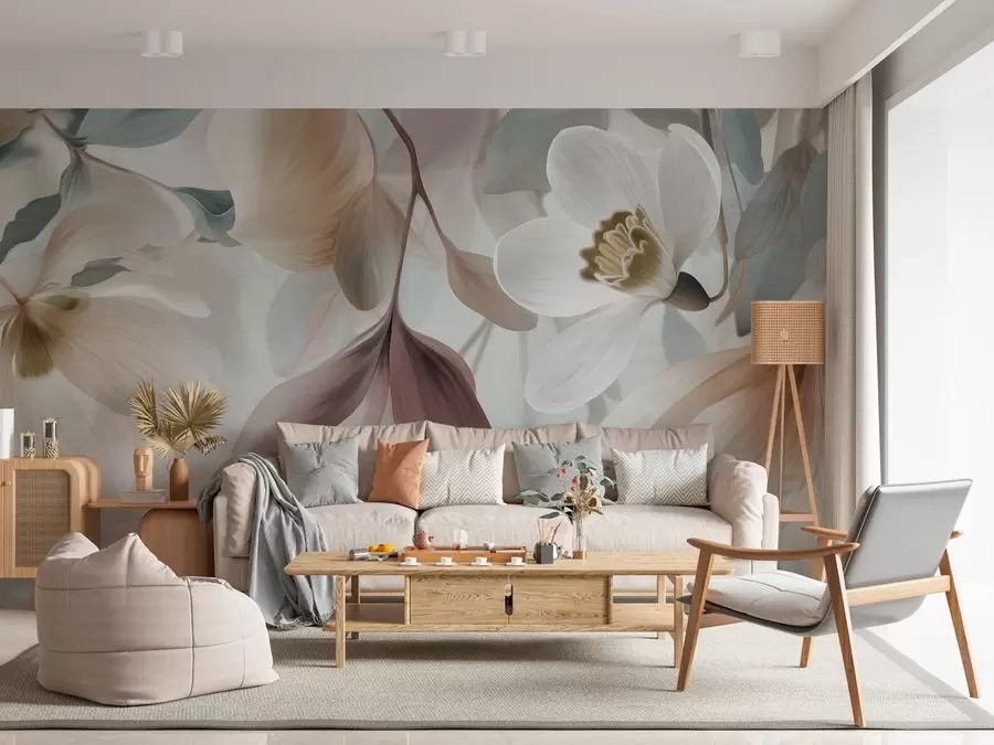 wall murals a delicate composition of flowers and leaves in pastel shades w05240