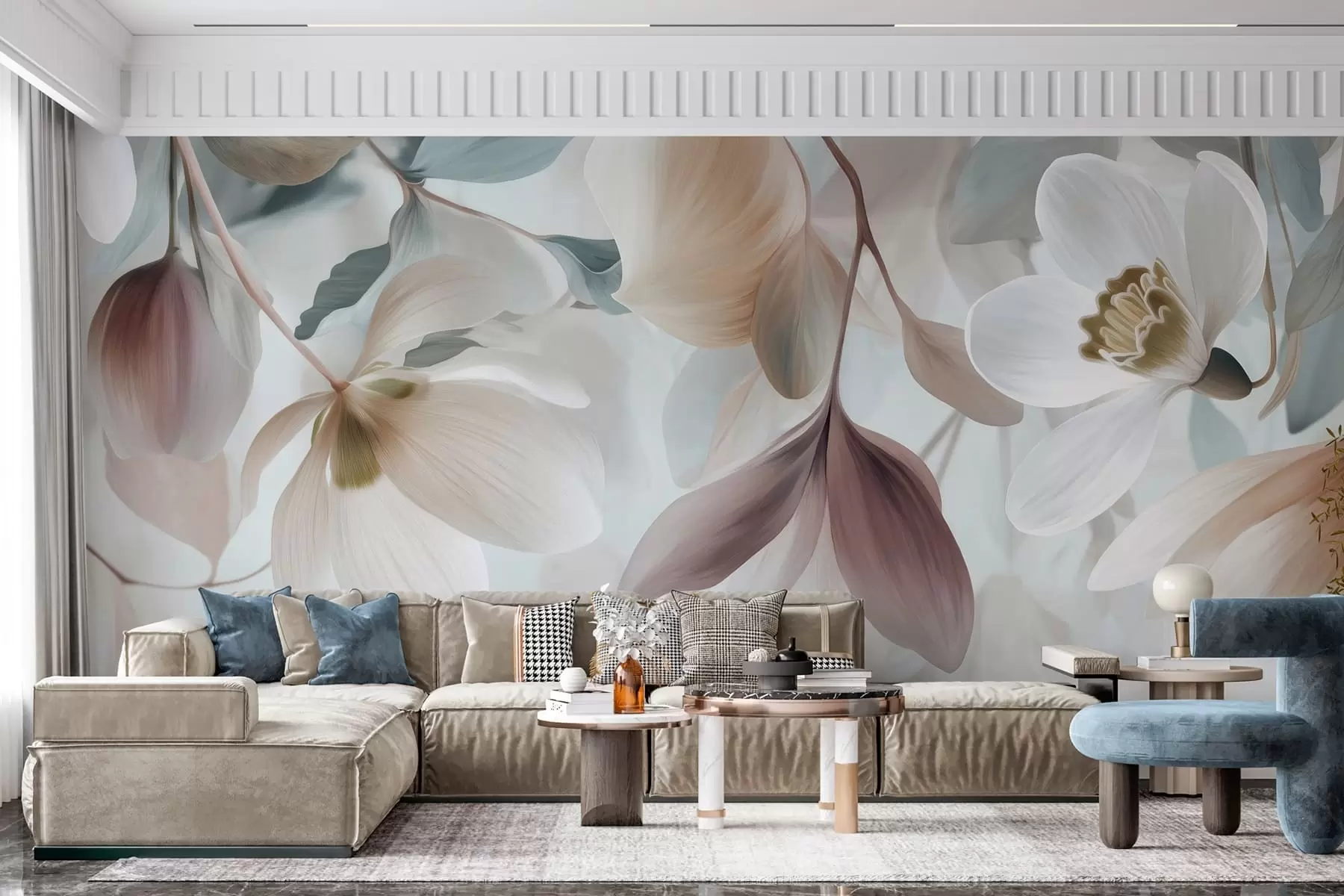 Wall Mural Photo Wallpaper a delicate composition of flowers and leaves in pastel shades w05240