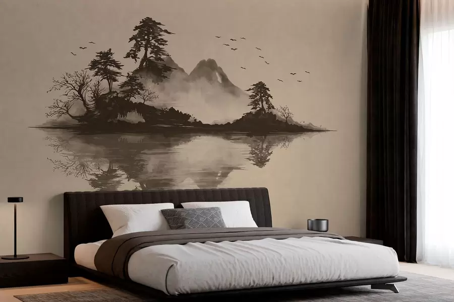 Wall Mural Photo Wallpaper Sumi-e mountain landscape with pines and reflection w05124