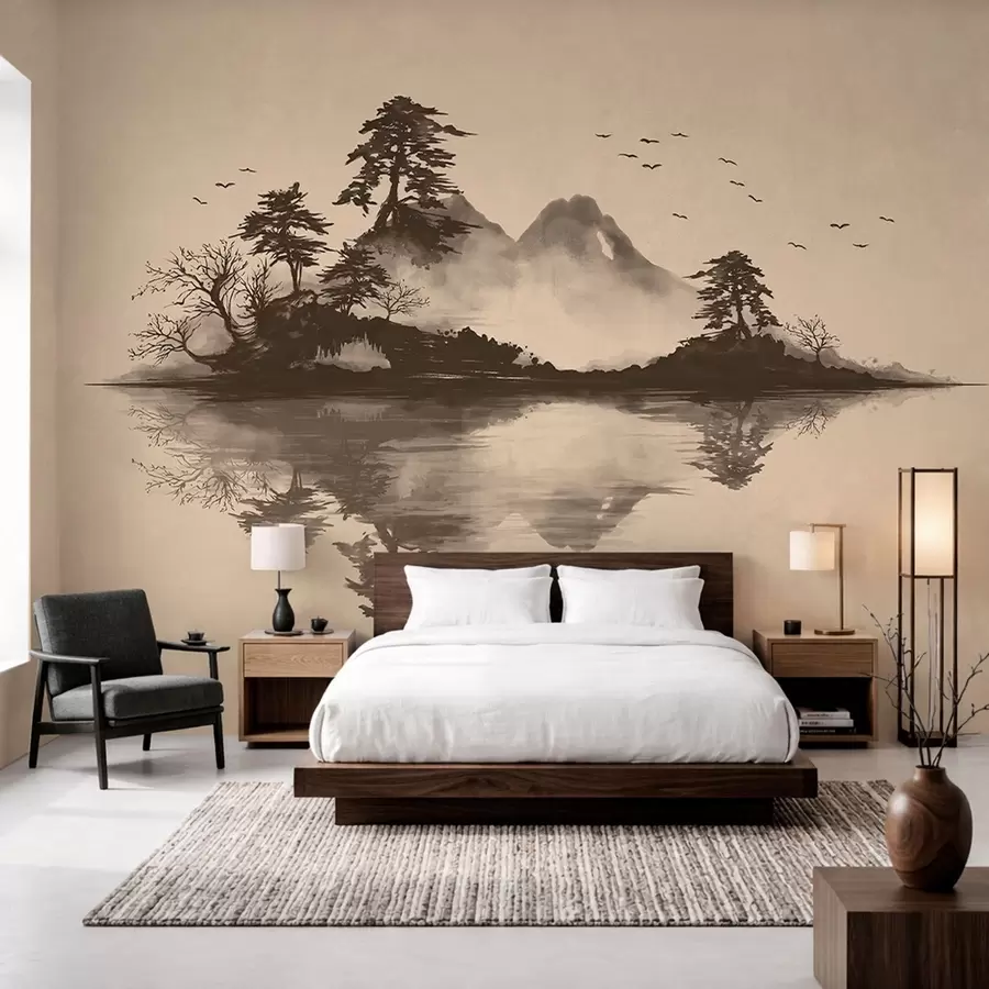 Wall Mural Photo Wallpaper Sumi-e mountain landscape with pines and reflection w05124