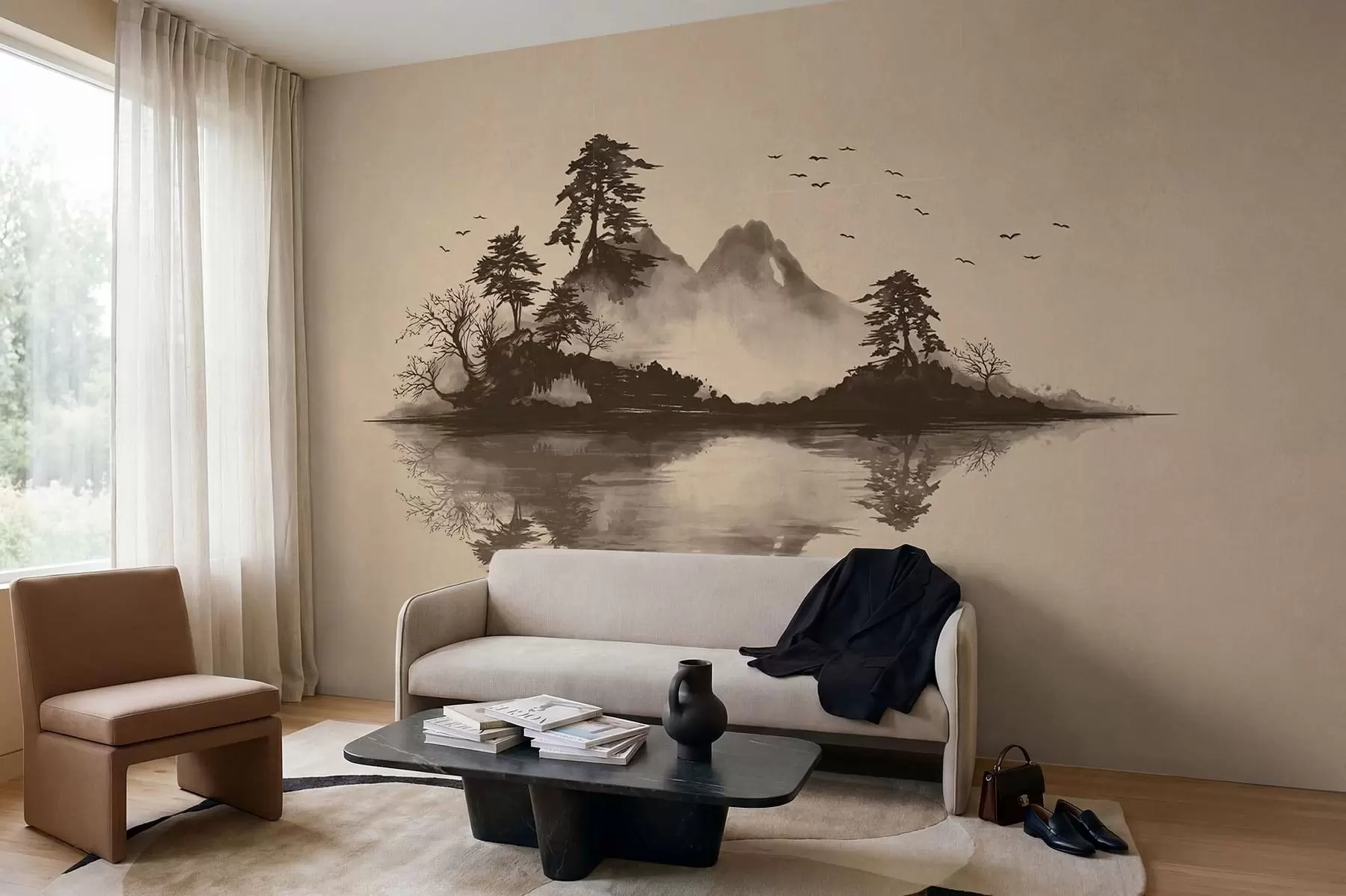 peintures murales Paysage de montagne au sumi-e avec des pins et un reflet w05124