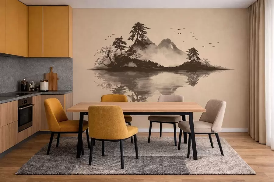 Wall Mural Photo Wallpaper Sumi-e mountain landscape with pines and reflection w05124