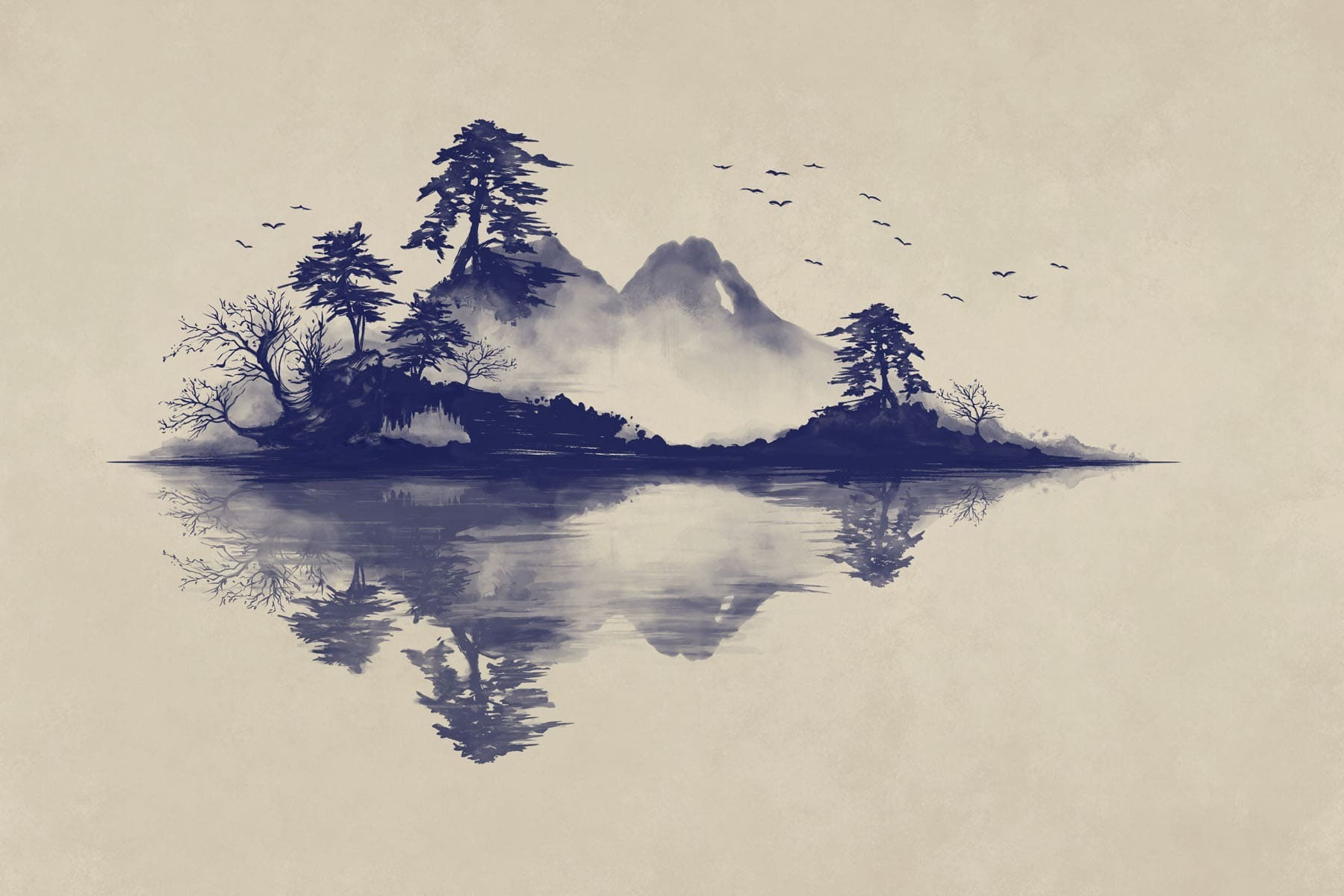 Wall Murals Nature Sumi-e mountain landscape in blue tones Nr