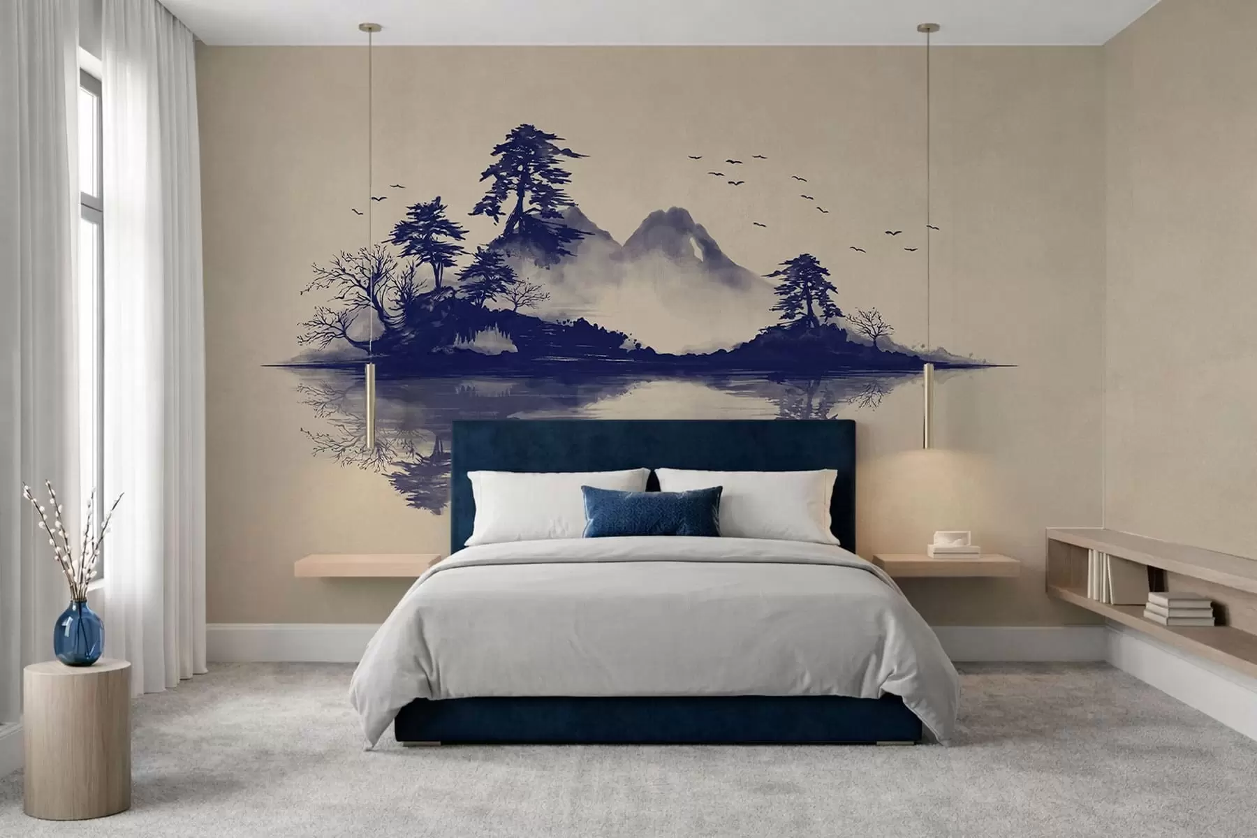murales Paisaje montañoso en sumi-e en tonos azules w05124v2