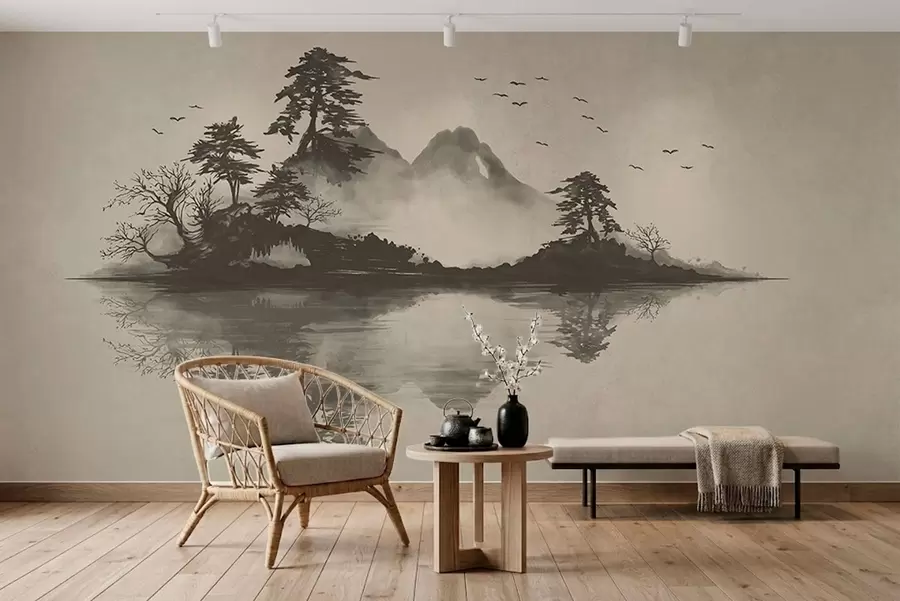 Wall Mural Photo Wallpaper Sumi-e mountain landscape in soft gray tones w05124v1