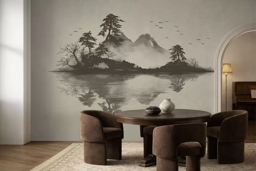 Wall Mural Photo Wallpaper Sumi-e mountain landscape in soft gray tones w05124v1