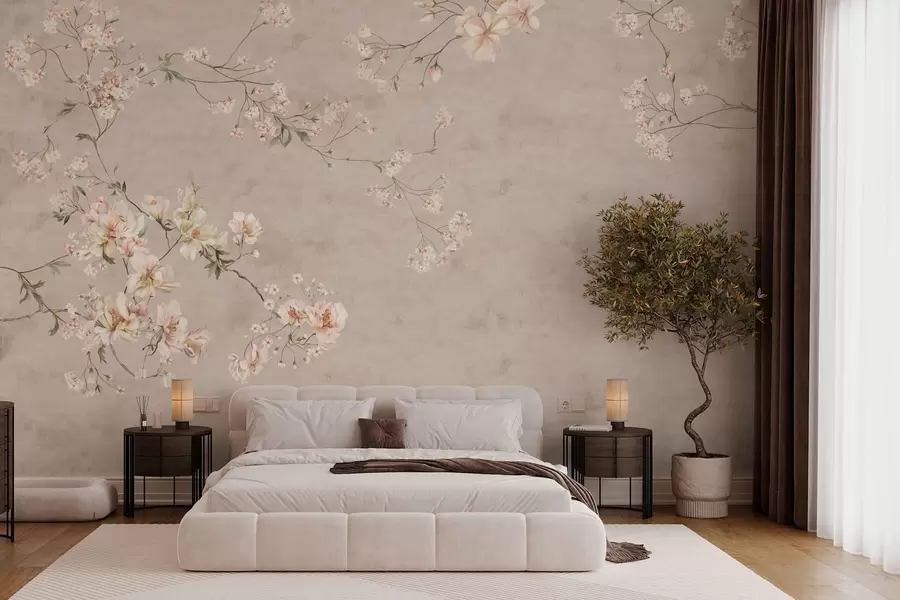 murales Ramas florales delicadas de estilo chinoiserie sobre fondo claro w05427