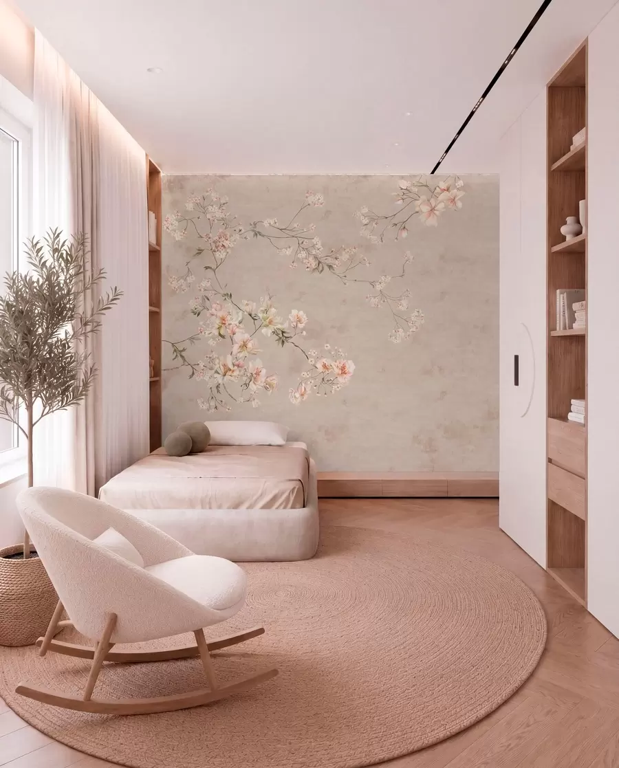 peintures murales Branches fleuries délicates de style chinoiserie sur fond clair w05427