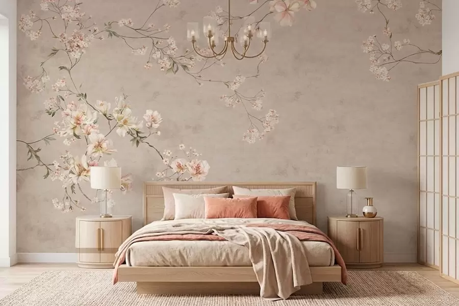 murales Ramas florales delicadas de estilo chinoiserie sobre fondo claro w05427